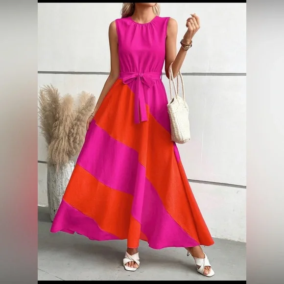 open lace back dress Hot Pink/Orange Sequins Prom Gown V Neck Ball Gown Sparkly Prom Dress ARD3081
